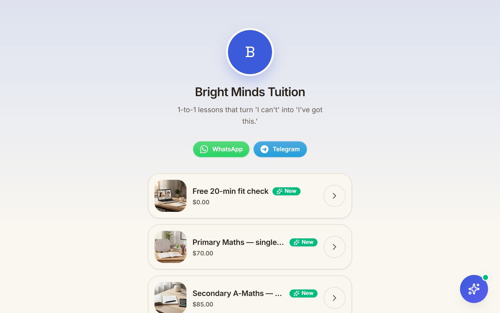 Bright Minds Tuition — a demo storefront built on Selza
