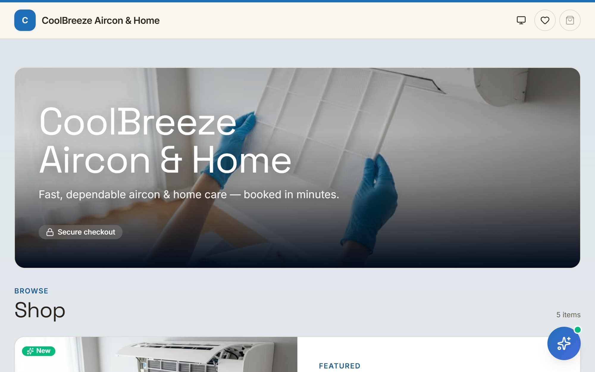 CoolBreeze Aircon & Home — a demo storefront built on Selza