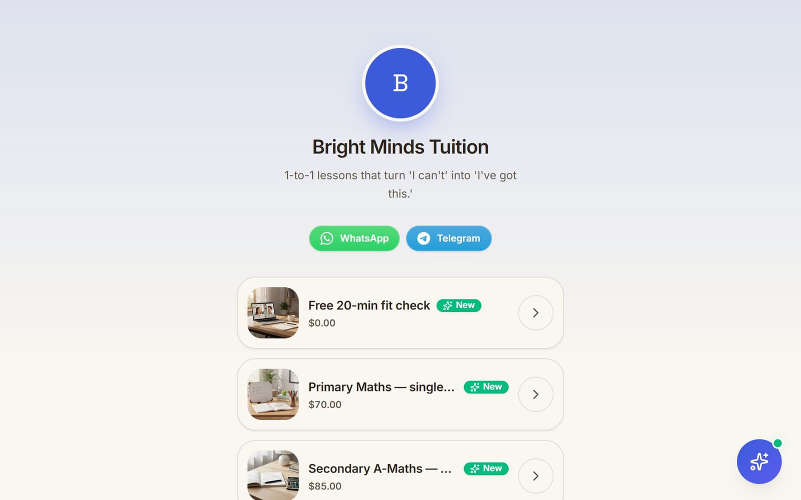 Bright Minds Tuition — a demo storefront built on Selza