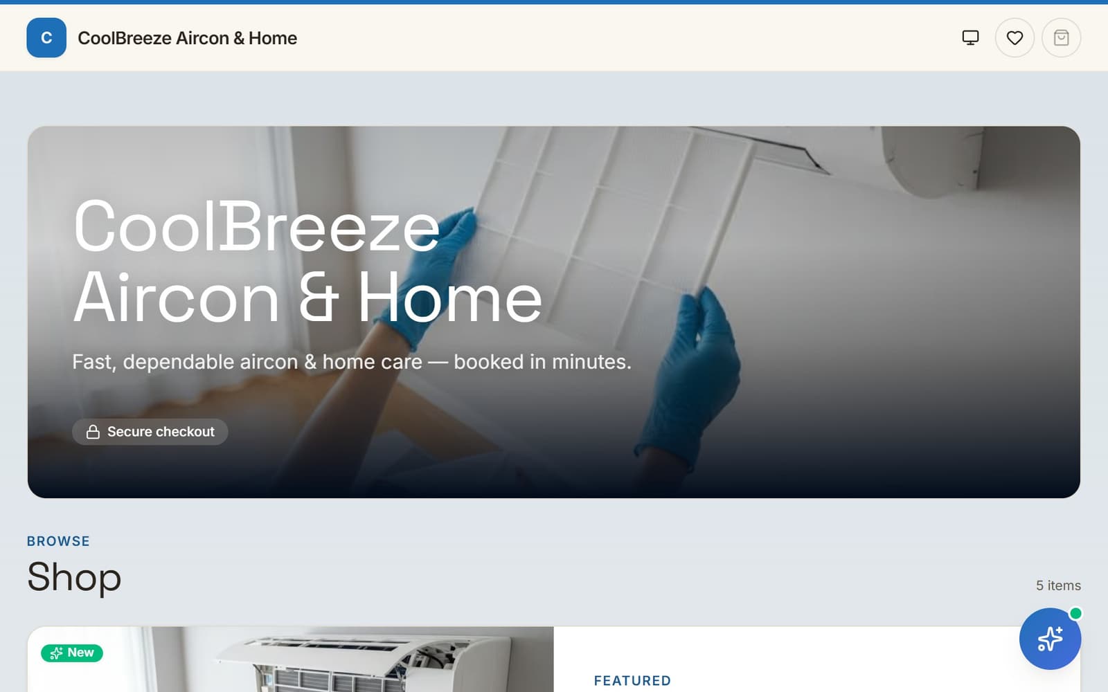 CoolBreeze Aircon & Home — a demo storefront built on Selza