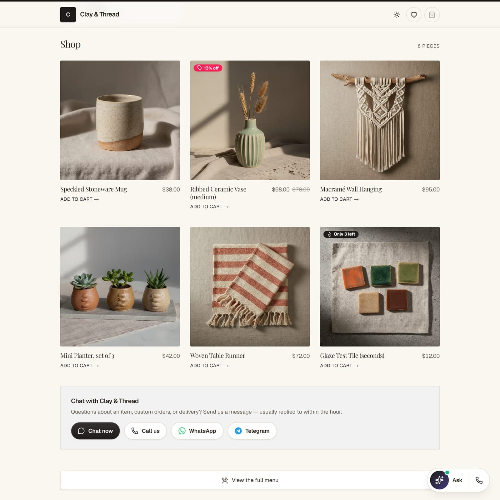 The Clay & Thread shopfront: a six-piece grid of handmade ceramics and textiles with prices, a sale badge and a low-stock count