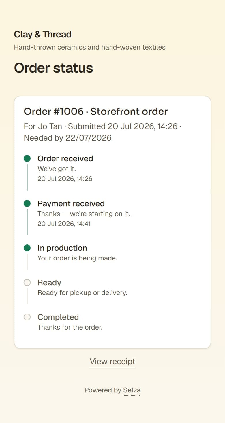 The buyer's order status page: order received, payment received and in production are ticked off, with ready and completed still to come