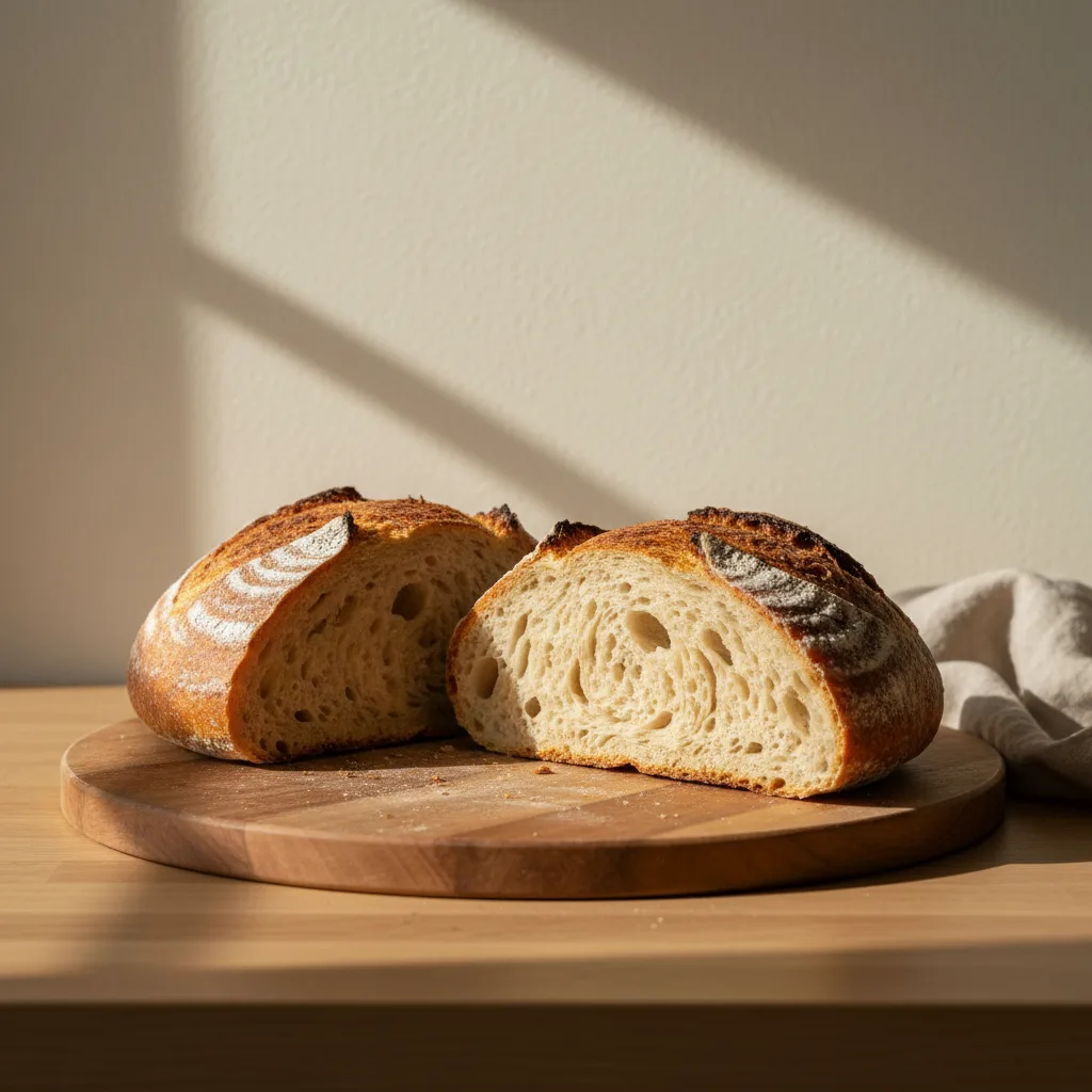 Crusty country sourdough boule, halved to show an open crumb