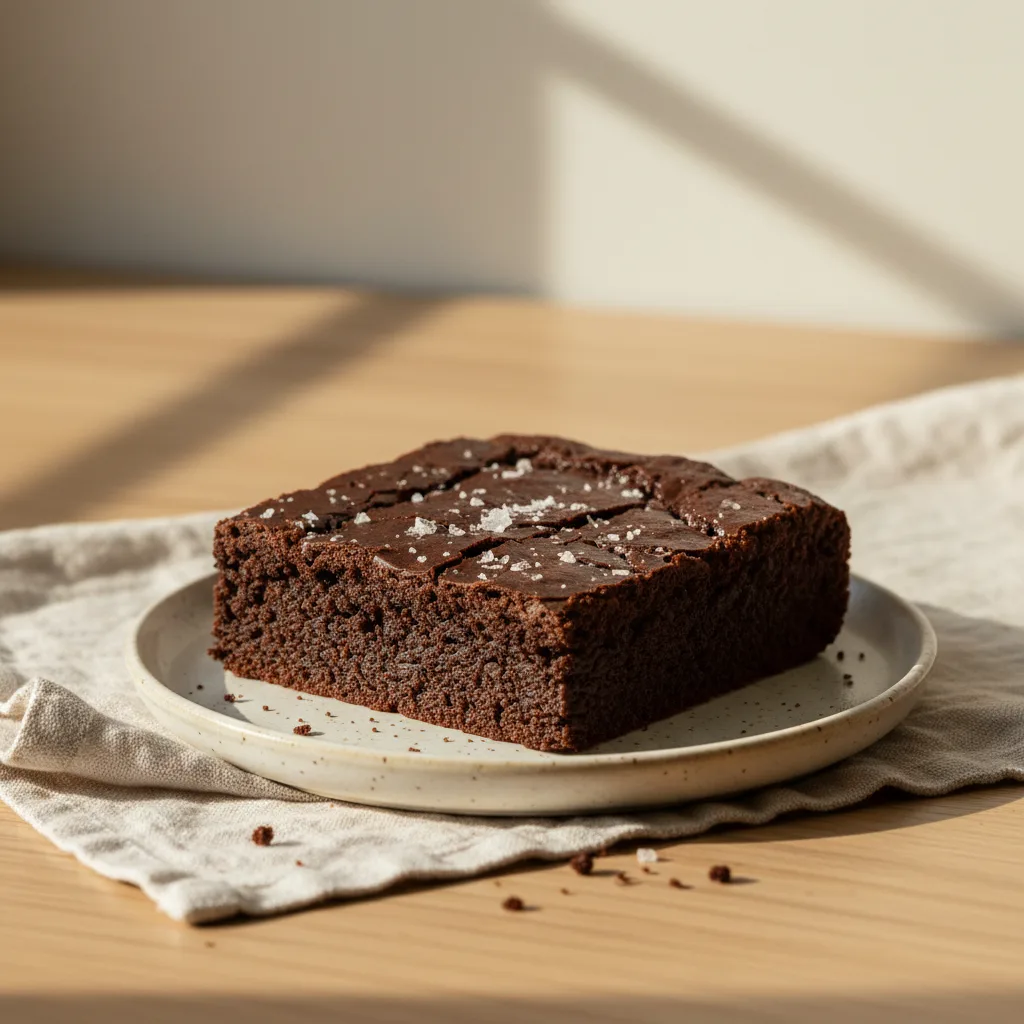 Fudgy dark chocolate brownie with sea salt on a ceramic plate