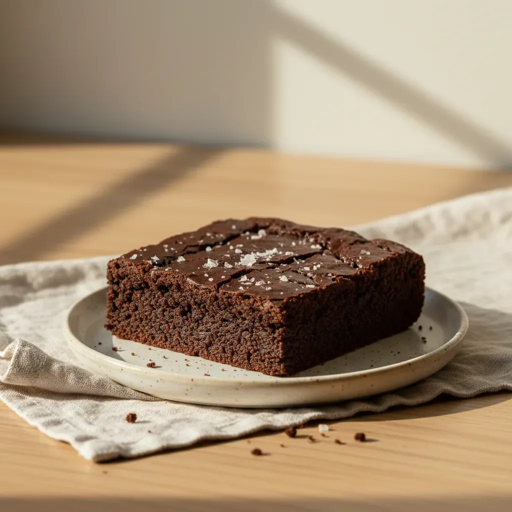 Fudgy dark chocolate brownie with sea salt on a ceramic plate