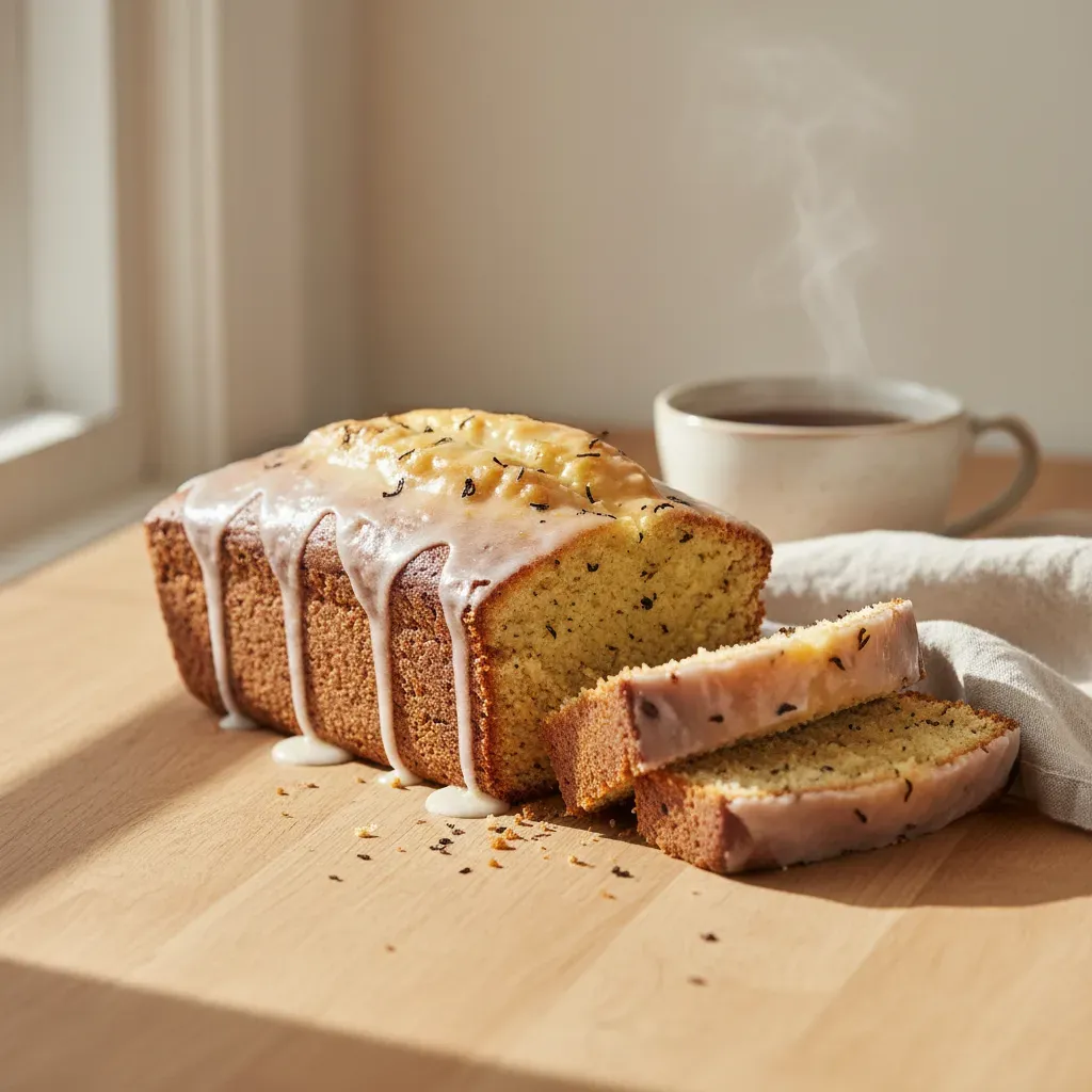 Glazed earl grey loaf cake with tea-fleck crumb, two slices cut
