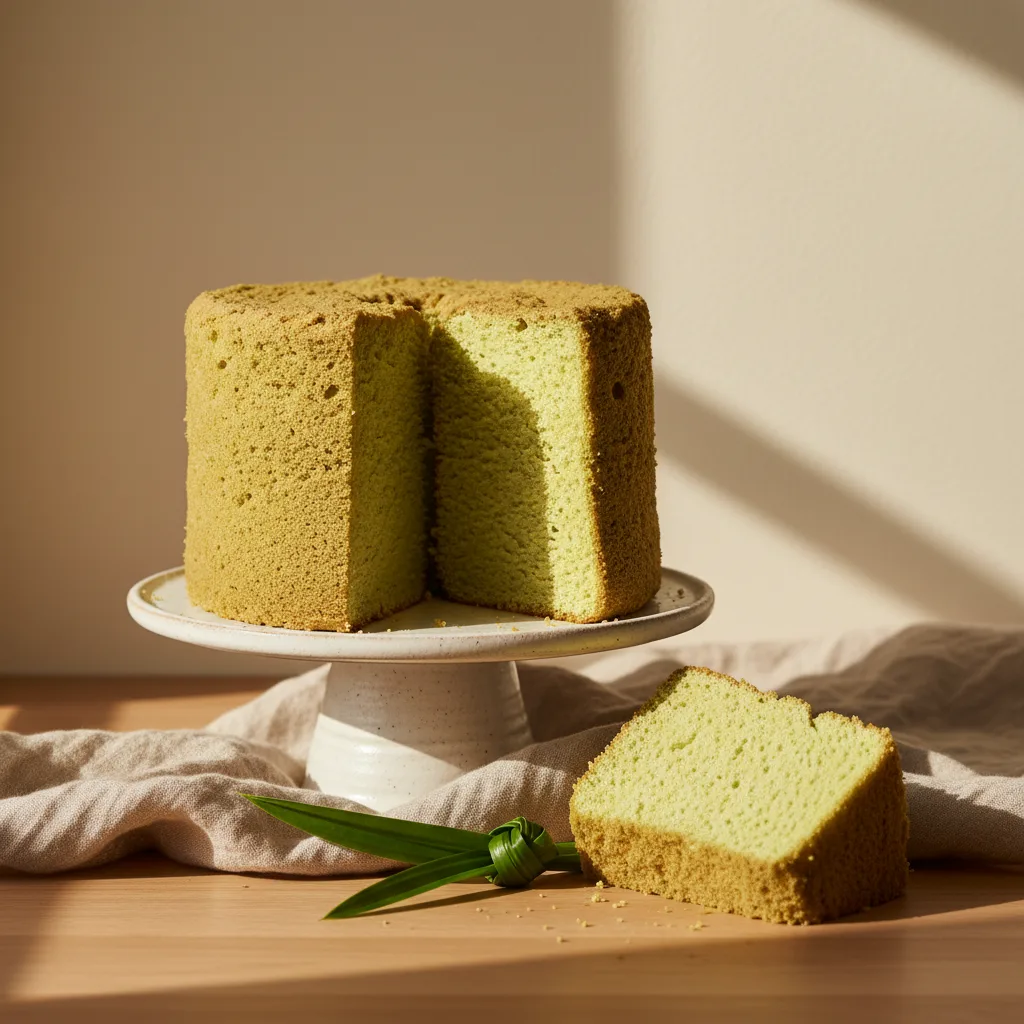 Pale-green pandan chiffon cake with an airy slice cut