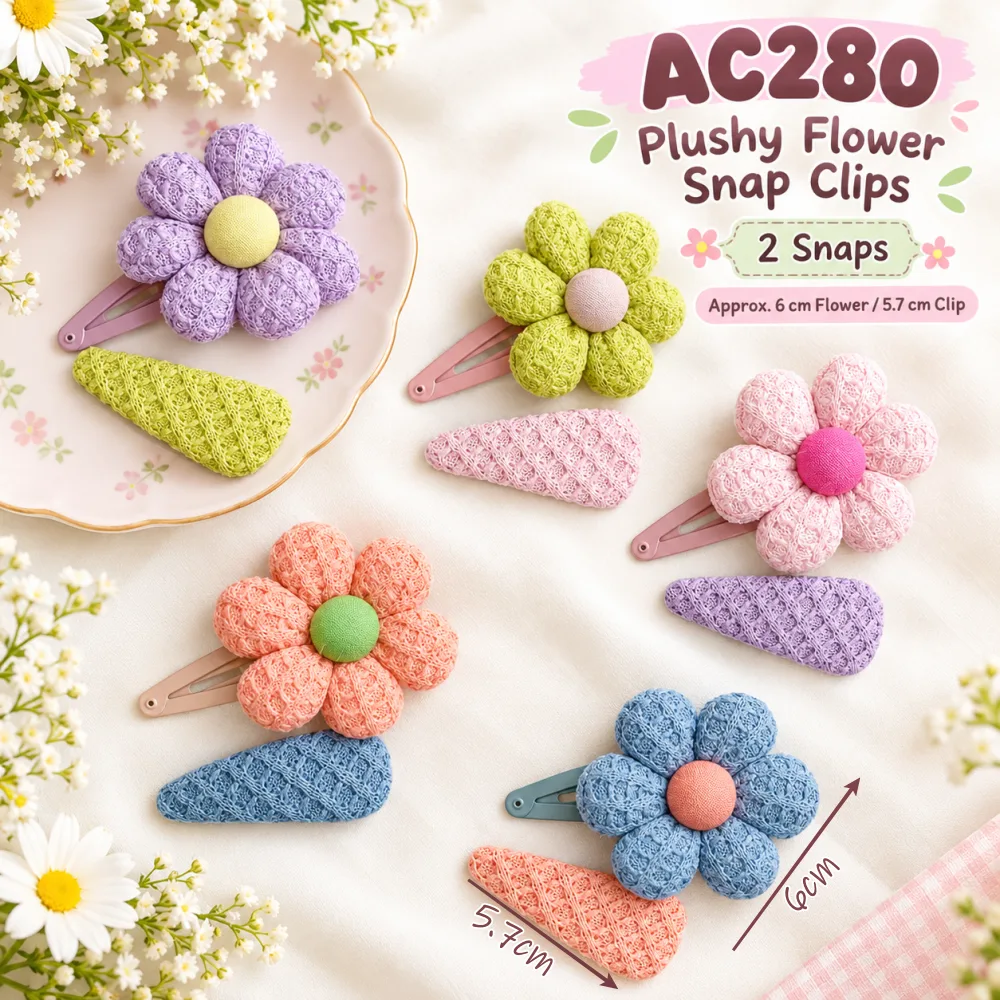 (AC280) 2pcs Plushy Flower Snap Hair Clips