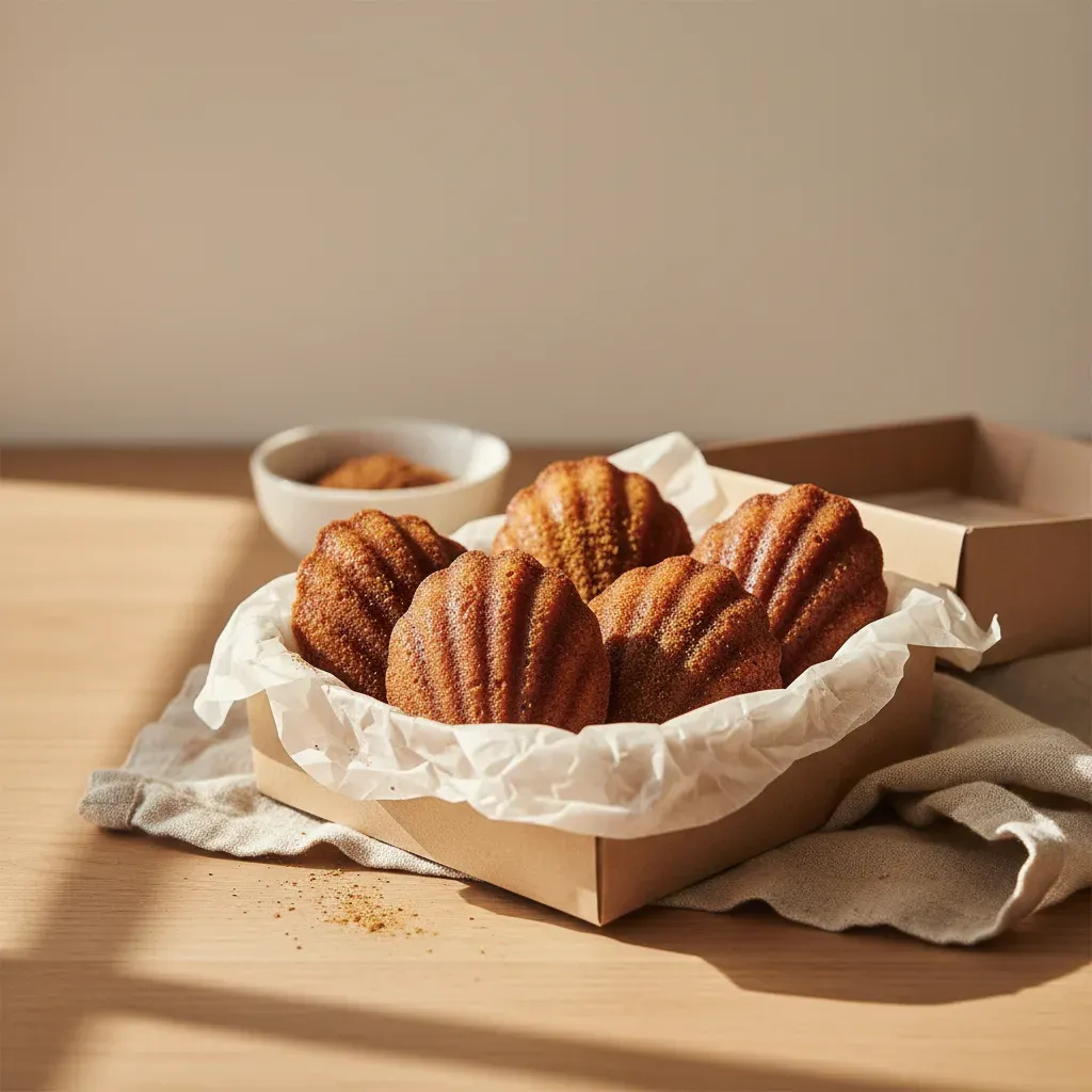Six shell-shaped hojicha madeleines in a parchment-lined box