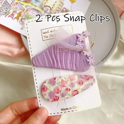 (AC276) 2pcs Floral & Tulle Snap Hair Clips Set image 3