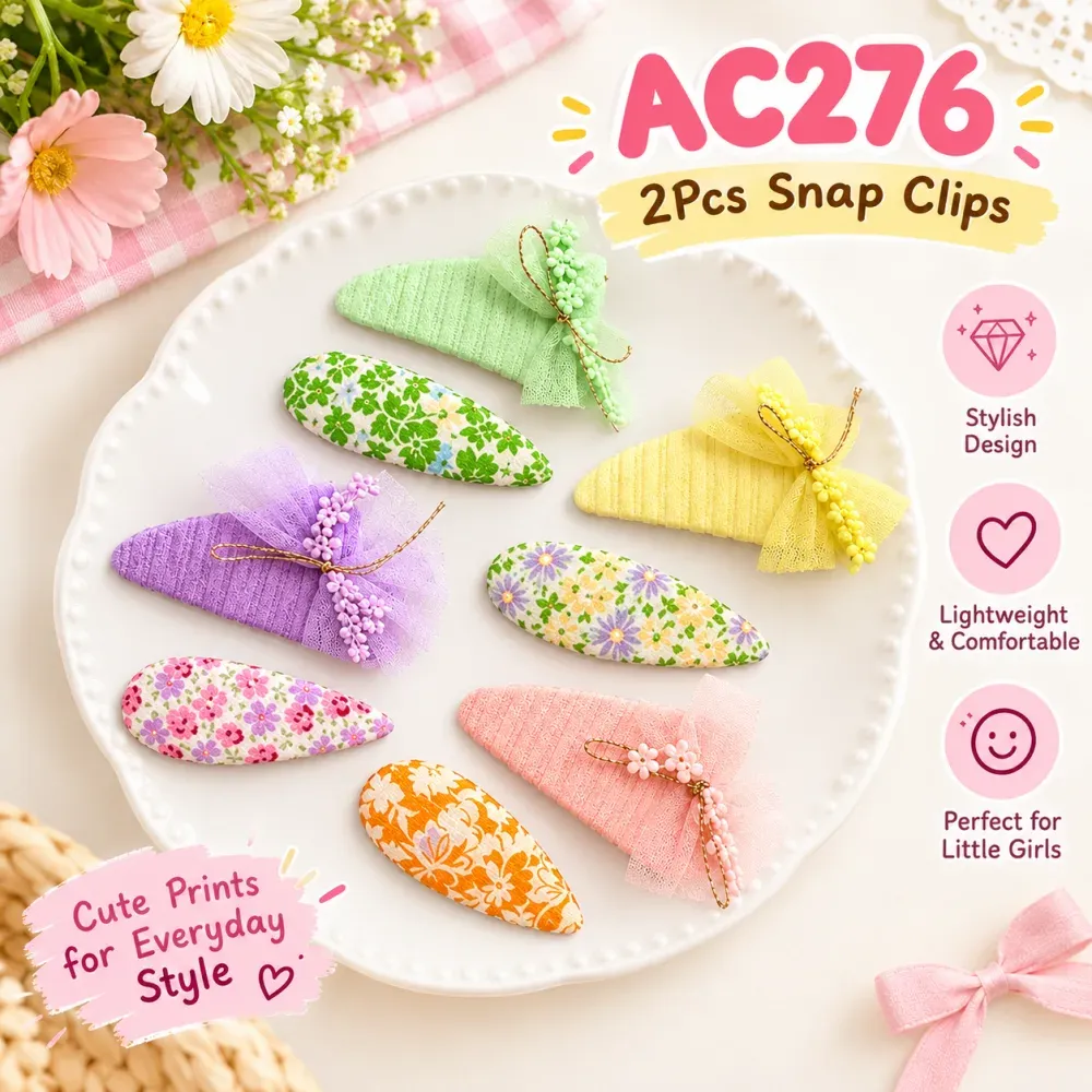 (AC276) 2-Piece Floral & Tulle Snap Hair Clips Set