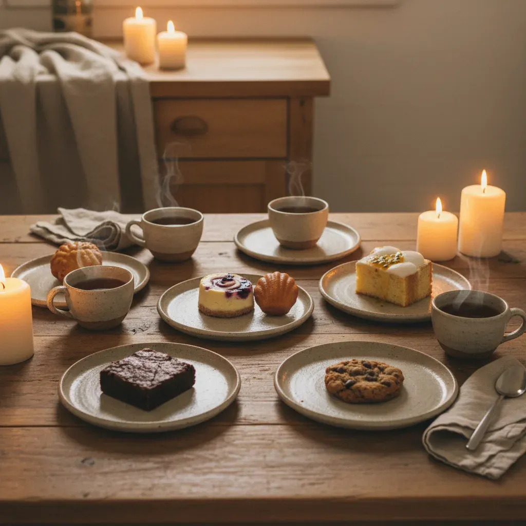 Candle-lit kitchen table set with six small plates of bakes for a tasting evening