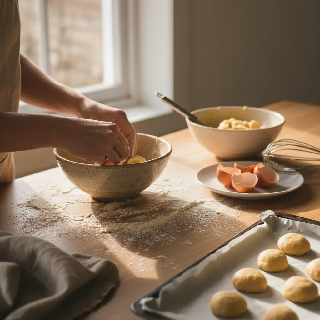 Flour-dusted hands shaping cookie dough at a baking class bench