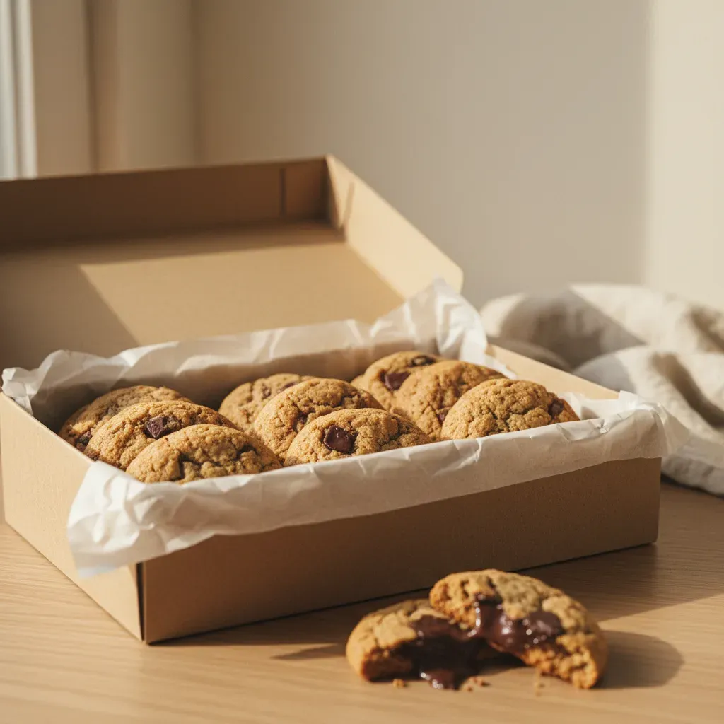 Box of eight golden chocolate-chunk cookies, one broken to show a gooey middle