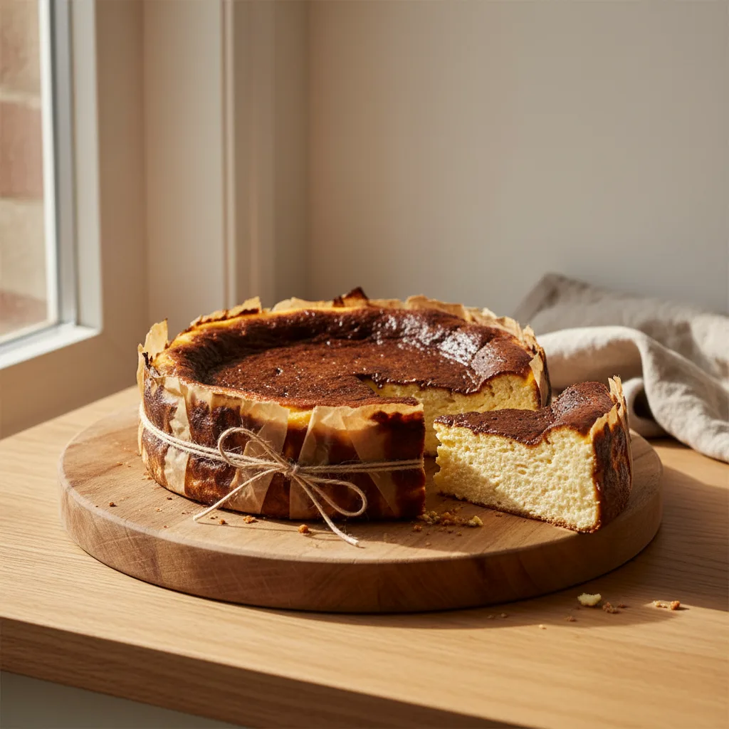 Burnt Basque cheesecake in a scorched parchment collar, one slice cut