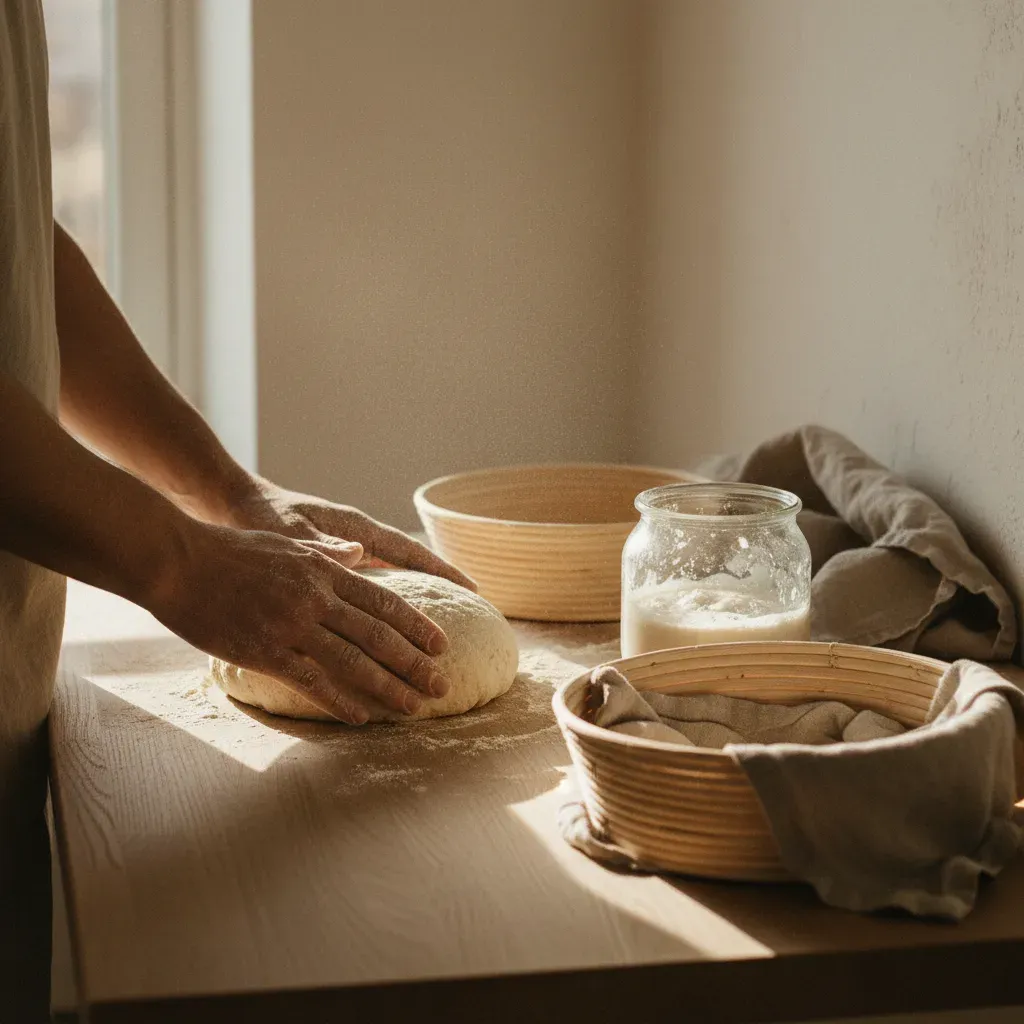 Flour-dusted hands shaping sourdough beside banneton baskets and a starter jar