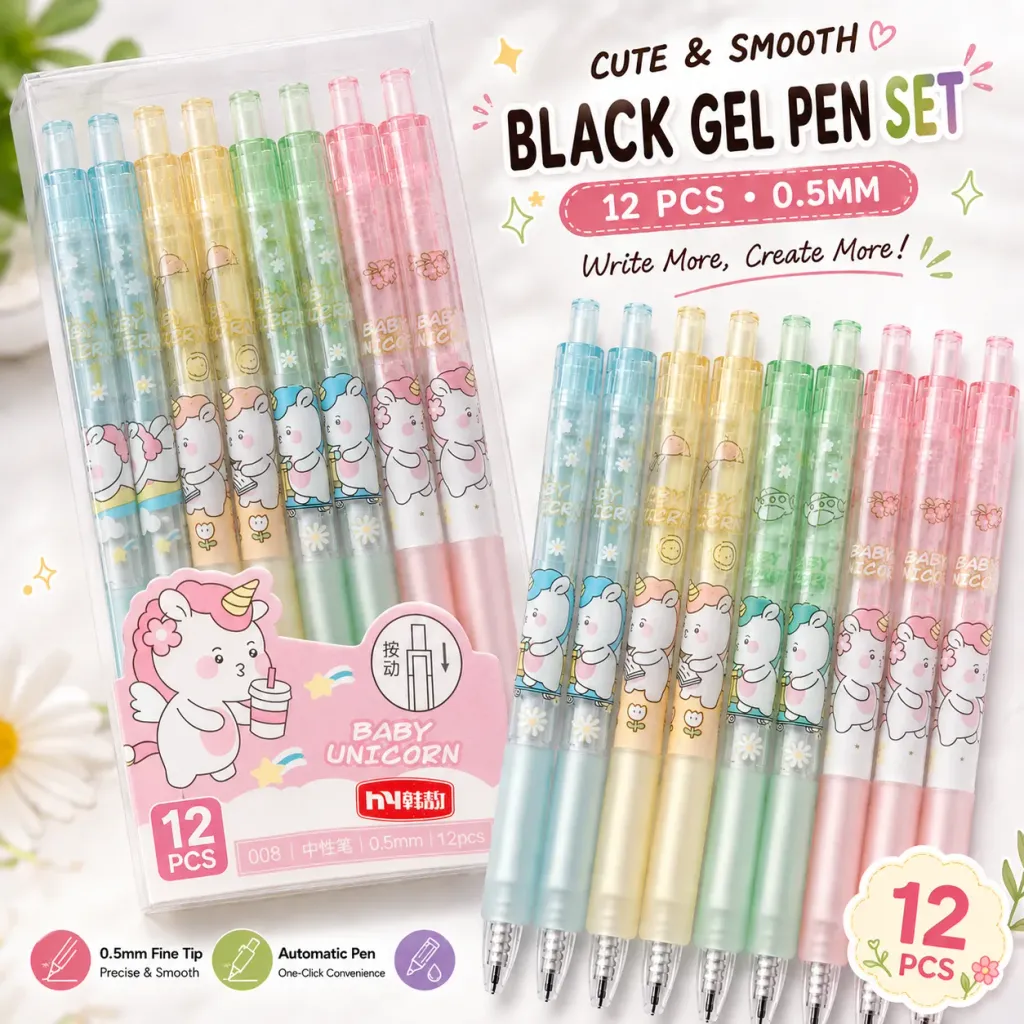 12pcs Unicorn (Automatic Black Gel Pens)
