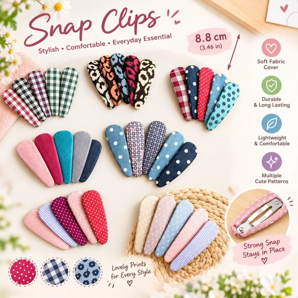 (8.8cm) Fabric-Covered Snap Hair Clips