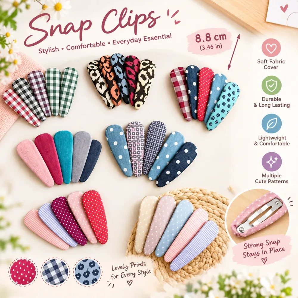 (8.8cm) Fabric-Covered Snap Hair Clips image 1